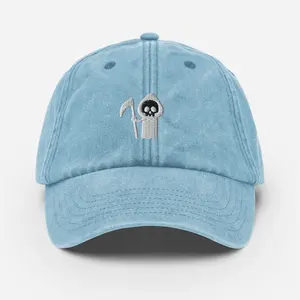 Blue Washed Cotton 6-Panel Dad Hat Adjustable Grim Reaper Embroidery Baseball <b>Cap</b> <b>Vintage</b> Streetwear Sporty Look-Made Vietnam - Product Image 1