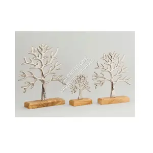 Tree Sculpture Metal Ornament On Mango Wood Base Silver Color Tree Of Life Design For Christmas Easter And Home Decoration