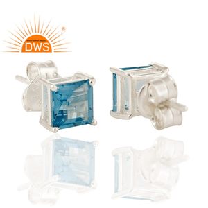 Pendientes de Plata de Ley 925 con Topacio Azul Natural, Corte Princesa, Diseño de Joyería Clásica, Venta al por Mayor - Product Image 2