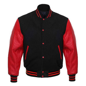 Custom White Wool <b>Varsity</b> <b>Jackets</b> Stand Collar Genuine <b>Black</b> Cow Leather Sleeves Coated Processing - Product Image 1