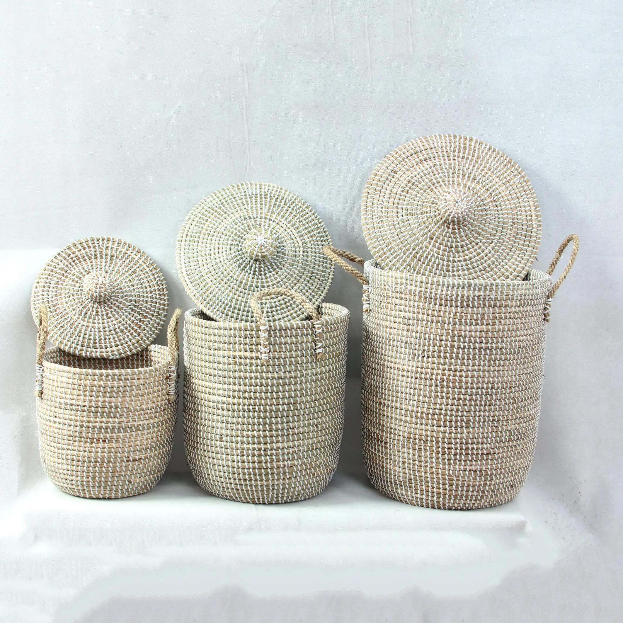 Cestas de almacenamiento de algas marinas naturales para decoración del hogar, cesta para la colada con tapa de Vietnam