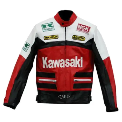 Özel erkekler el yapımı KAWASAKI yarış ekibi siyah ve yeşil inek derisi motosiklet deri ceket