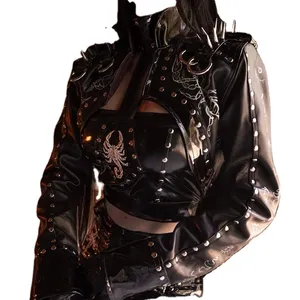 Escorpião jaqueta steampunk de couro genuíno, preta, com falso, patent, roupas de moda para adultos e mulheres