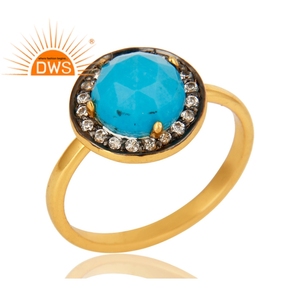 Natural Turquoise Gemstone Cocktail <b>Ring</b> Jewelry Supplier <b>CZ</b> Jewelry Shiny 18k Gold Plated Sterling Silver Jewelry Wholesaler - Product Image 2