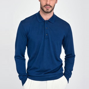 เสื้อโปโลแขนยาวถักสำหรับผู้ชาย สีน้ำเงินล้วน สไตล์ลำลอง ทรงปกติ ดีไซน์กระดุม คุณภาพสูง ผู้จำหน่ายเสื้อโปโลชาย - Product Image 3