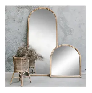 Cermin Melengkung Rotan Gaya Klasik Alami, Ukuran Kecil Sedang dan Besar