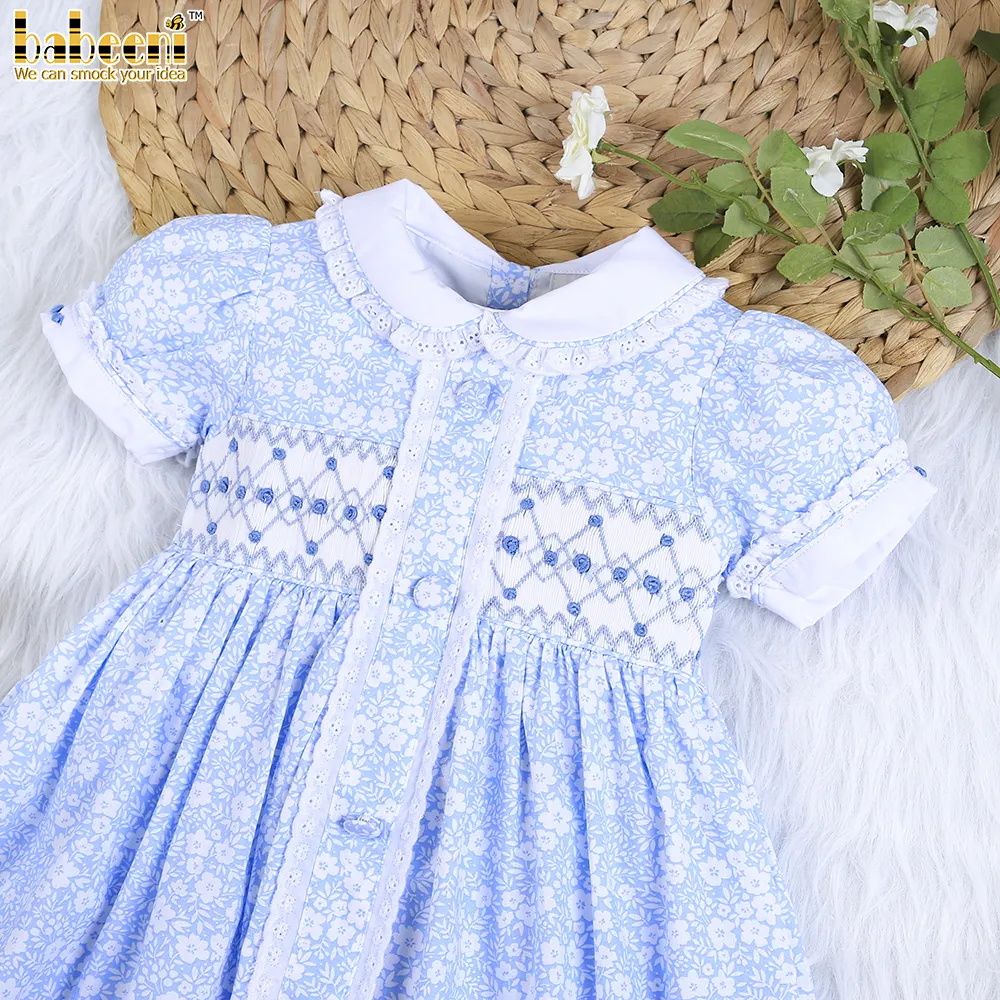 Bunga elegan gaun smocking geometris anak ODM OEM gaun princess anak perempuan-BB2365 grosir gaun berasap kustomisasi