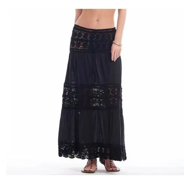 Latest Design Crochet Lace Women Summer Beach Wear Cover Ups Black Long Skirt