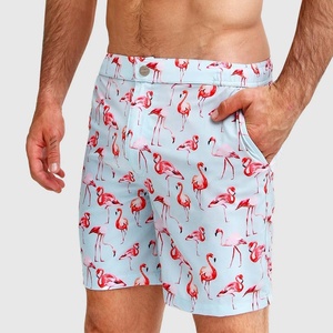 Shorts pour hommes en lin, décontractés, coupe classique et ajustée, taille mi-haute élastique, entrejambe de 5 pouces, à enfiler, imprimé flamant rose, pour l'été et la plage - Product Image 5