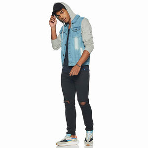 Veste en jean denim bleu à broderie personnalisée à la mode pour hommes grande taille décor d'hiver en fourrure capuche col fermeture à glissière - Product Image 3