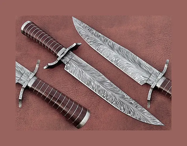 Handgemaakt Damascus Stalen Bowie Mes Met Houten Handvat En Fijn Lederen Schede Outdoor Mes Groothandel Mes