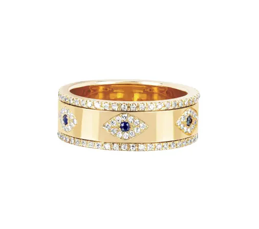 Top Sales 18K Gold Plated Blue Sapphire and White CZ Eye Women Fashion Luxury Eternity Band Brass Ring Jewelry