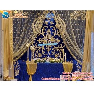 Amazing Wedding Blue <b>Backdrop</b> with Lacings Royal Embroidered <b>Backdrop</b> for Wedding Stage Wedding Decoration Blue <b>Gold</b> <b>Backdrop</b> - Product Image 1