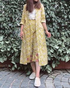 Ethnic Clothing Indian Jaipuri Block Print Cotton <b>Yellow</b> Co-ord Set Half Sleeves Crop Top With Jacket Pants - Product Image 1