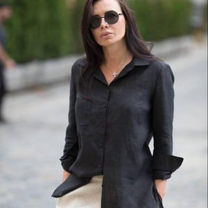 Vestido Formal de Lino para Mujer, Moderno, de Última Moda, en Tela Crepé, Color Negro, con Cuello Camisero, Largo hasta el Suelo, de Manga Larga, para Verano - Product Image 6