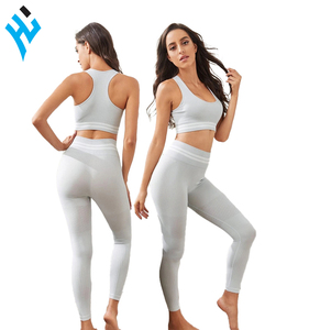 Women's Racerback Scoop Neck Crop <b>Top</b> & High Waist Seamless Breathable Spandex/Nylon <b>Leggings</b> 2-Piece Yoga Set HUZAIMA - Product Image 1