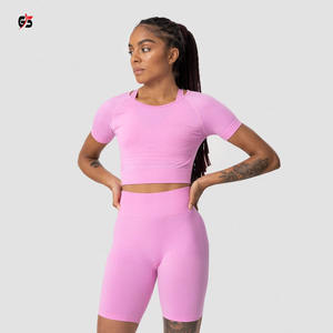 Camiseta corta de manga corta para mujer, ropa con logotipo personalizado, tela de LICRA de poliéster, ropa atlética de moda para gimnasio - Product Image 1