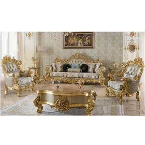 Juego de Sofás de Madera de Teca Moderna de 5 Plazas con Acabado Dorado, Diseño de Tallado a Mano - Product Image 1