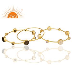 925 <b>Sterling</b> <b>Silver</b> 18k Gold Plated Natural Labradorite and Rainbow Moon Stone Set of 3 Bangles <b>Silver</b> Jewelry Manufacturer - Product Image 1