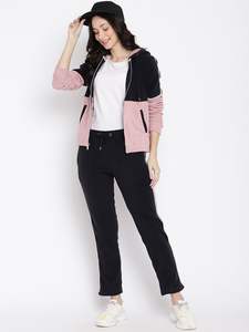 ชุดเสื้อมีฮู้ดมีซิปสำหรับผู้หญิงชุดวอร์มกางเกงสองชิ้นแบบลำลองสีตัดกันออกแบบโลโก้ได้ตามต้องการ - Product Image 4