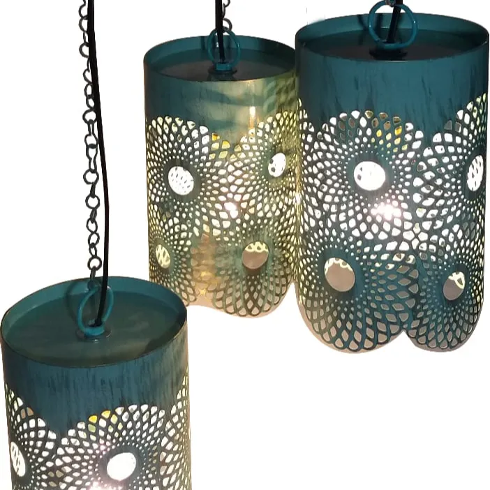 Cylindrical votive lamp set of 3 with geometrical design cage and a beautiful multicolour glass a perfect decorative