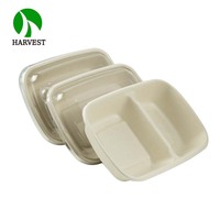Caja de Embalaje de Alimentos Biodegradable de Pulpa de Caña de Azúcar con 2 Compartimentos, Apta para Microondas, Impermeable, con Grabado Disponible, para Uso Doméstico