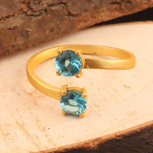 Bijoux fantaisie minuscule rond quartz bleu suisse double pierre réglable déclaration anneau plaqué or terne broche ensemble avant anneaux ouverts - Product Image 4