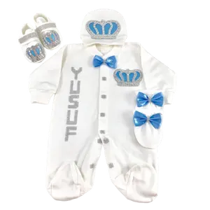 100% 棉织物针织竹泡长袖批发定制新生儿新设计高品质蓝色婴儿连衫裤套装
