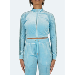 Best Quality VELOUR PANELLED TRACK JACKET - BABY BLUE Zippered Women Jacket Custom Logos - Product Image 1