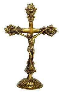 Cruz de madera con flor dorada, colgante de pared, suministros de Iglesia, Brassworld, India - Product Image 4