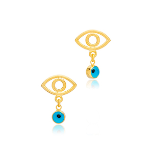 Boucles d'oreilles en plaqué or 22K, 925 bijoux, perles bleues, motif œil minimaliste, turc, vente en gros, nouvelle collection - Product Image 3