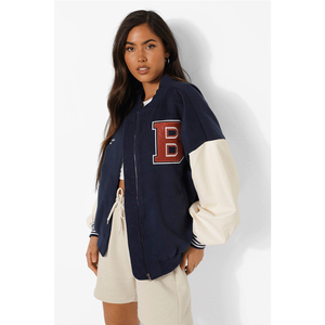 Blouson court en cuir de coton pour femmes, veste assortie à manches lettrage, pour baseball, tendance automne, vente en gros, 2022 - Product Image 6
