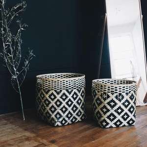 Bohemian Black Striped Handwoven Bamboo <b>Waste</b> <b>Paper</b> Basket with Handles Bamboo Baskets Storage - Product Image 3