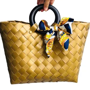 Ladies Summer custom plastic PP hand woven shopping beach bag pp woven straw bag with good price