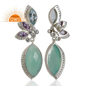 Boucles d'oreilles uniques en chalcédoine aqua marquise, pierres précieuses, fabrication artisanale indienne, argent sterling fin, boucles d'oreilles pendantes, fournisseur de bijoux - Product Image 3