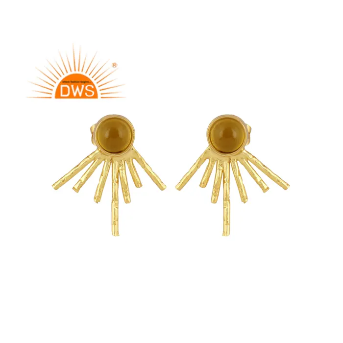 Handmade Design Gold Plated 18K Natural Yellow Chalcedony Gemstone Stud Stick Earring Fashion Jewelry For Women Gift For Her