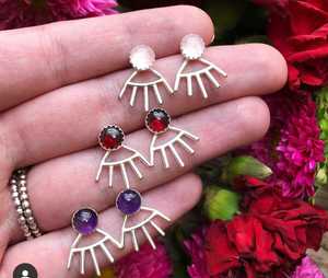 Pendientes de aro de dos piedras de amatista y granate de corte redondo de plata de ley para mujer, pendientes de joyería de boda, regalo para ella - Product Image 1