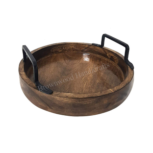 High Quality Solid Mango Wood Round Shape Serving Tray with Handles Food <b>Snack</b> Dish for Home Hotel Restaurant Decoration - Product Image 1
