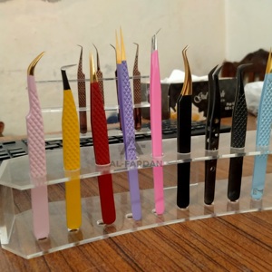 Pinzas japonesas para extensión de pestañas de acero inoxidable con agarre fuerte y soporte de exhibición acrílico de Punta puntiaguda para pestañas de volumen - Product Image 1