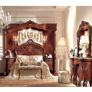 Ensemble de meubles de chambre à coucher en bois de teck naturel sculpté à la main, Set moderne en bois de teck, finition noyer, 4 pièces - Product Image 1