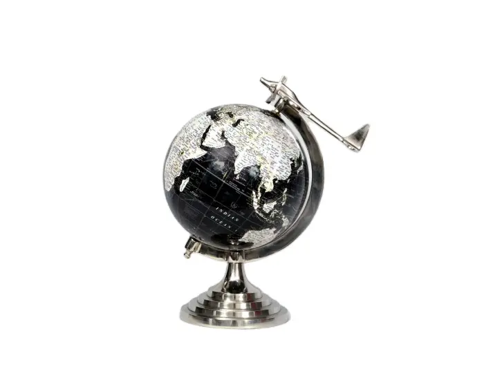 Globo de metal para terra, globo de metal para mundo, prata, design de avião, decorativo, preto e branco, de plástico, rotativo, pequeno mundo, mapa educacional, lubos de mesa