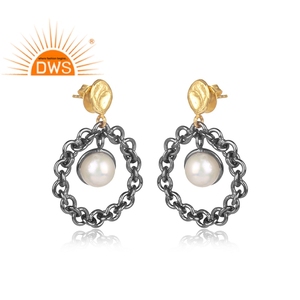 Pendientes colgantes de latón con gema de perla blanca Natural, joyería, aros redondos chapados en oro, joyería hecha a mano - Product Image 2