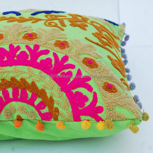 Home Decoration Cotton <b>Sofa</b> Folk Suzani Embroidered Cushion Cover Hot Style Body <b>Support</b> Pillow Case With Pom Pom Lace - Product Image 5