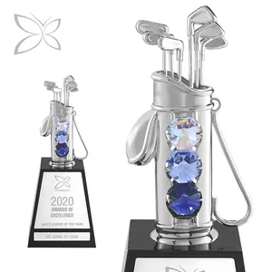 Crystocraft Custom Made Chrome Plated Crystal Golf Trophy Decorated with Brilliant Cut Crystals Sport Award