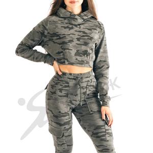 2022 New Arrival <b>Women's</b> Crop Pullover Hoodie High Quality Casual Fitness Gym Workout <b>Top</b> Custom <b>Camo</b> Design Lace Short - Product Image 1