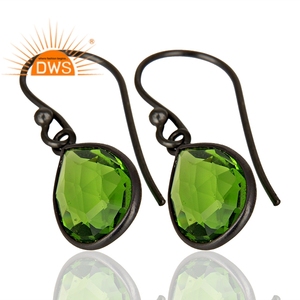 Glass <b>Peridot</b> Gemstone Dangle <b>Earrings</b> Black Rhodium Plated 925 Silver <b>Earrings</b> Jewelry Wholesale Classic Collection - Product Image 2