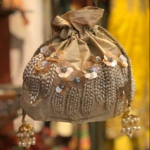 BEAUTIFUL POTLI BAG WITH BEAUTIFUL HEAVY EMBROIDERY Of PEARLS ON SATIN FABRIC FOR PARTY & <b>WEDDING</b> @ 2022 - Product Image 1