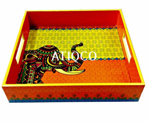 Bandeja de Servir Multifuncional Contemporánea de Madera MDF ATIQCO, Cuadrada, Pintada con Diseño de Elefante, Lacada - Product Image 1