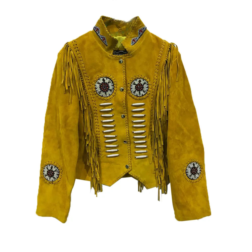 Golden Top Quality Fine Cow Suede Leather Indian Style Native American Style Fringed & Beaded Tassels Women Cowgirl Jackets