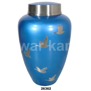 Urne funéraire moderne en aluminium de style classique, gravure d'oiseaux argentés, urnes funéraires en métal bleu pour cendres - Product Image 1
